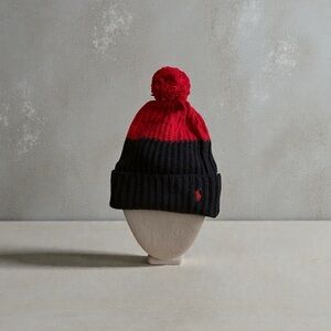 Polo Ralph Lauren Navy and Red knit beanie hat w pom pom and logo. NWOT
